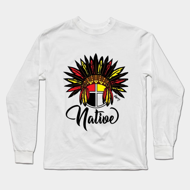 "Native" Headdress & Medicine Wheel Long Sleeve T-Shirt by BigChief